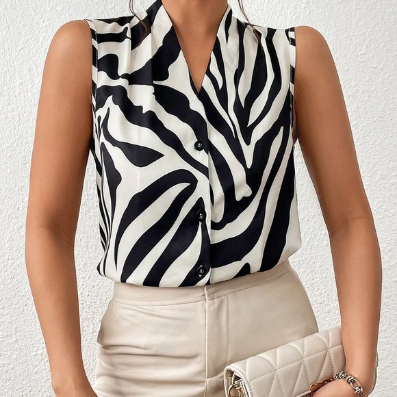 . Tops - Black & White Preppy Womens Zebra Striped Print Sleeveless Blouse